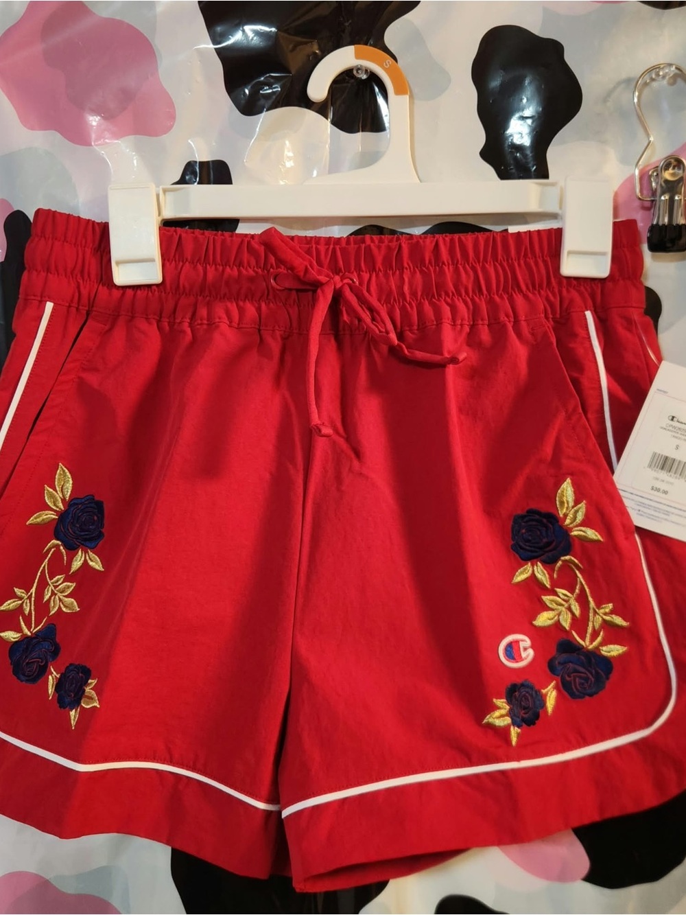 Champion Red Athletic Shorts with Navy Floral Embroidery